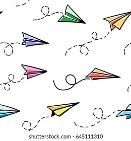 Seamless pattern with vector paper airplane. Travel, route symbol. Vector illustration of  background with hand drawn plane. Outline. Hand drawn doodle airplane. 