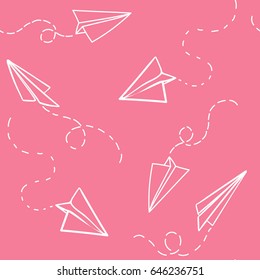 Seamless pattern with vector paper airplane. Travel, route symbol. Vector illustration of  background with hand drawn paper plane. Outline. Hand drawn doodle airplane. Black linear paper plane icon.