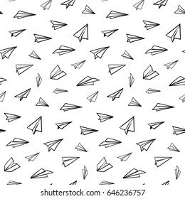 Seamless pattern with vector paper airplane. Travel, route symbol. Vector illustration of  background with hand drawn paper plane. Outline. Hand drawn doodle airplane. Black linear paper plane icon.