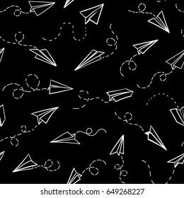 Seamless pattern with vector paper airplane. Travel, route symbol. Vector illustration of  background with hand drawn paper plane. Outline. Hand drawn doodle airplane. Black linear paper plane icon.