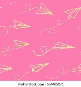 Seamless pattern with vector paper airplane. Travel, route symbol. Vector illustration of  background with hand drawn paper plane. Outline. Hand drawn doodle airplane. Black linear paper plane icon