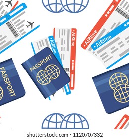 Seamless pattern. Vector passport with tickets. Air travel concept. Flat design citizenship ID for traveler. Blue international document. Illustration on white background.