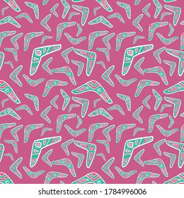 Seamless pattern vector of pastel tribal style motif boomerang on pastel pink background