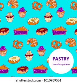 Seamless pattern of vector pastry. Pie, croissant, cupcackes, pretzel and donut.