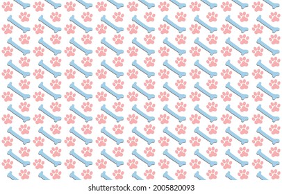 Seamless pattern vector. Paw foot trail print of cat or dog tracks with bone background ​in cute style