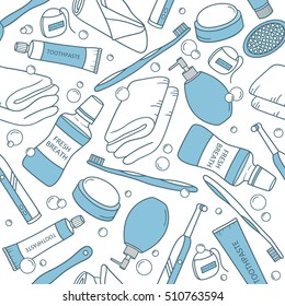 Seamless pattern vector with personal care products. Blue and white background with set of beauty products and washrooms accessories, cosmetics. Decorative wallpaper, good for printing