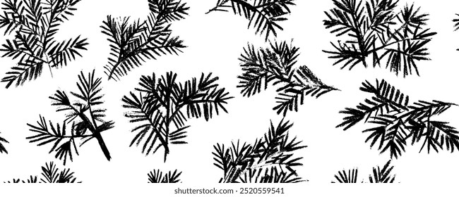 Seamless pattern with vector pine branches, hand drawn pencil. Charcoal illustration. Christmas ornament for wrapping paper and decor.