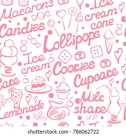 Seamless pattern with vector pink pastry elements. On white background. Situable for wallpaper, wrapping  or textile. EPS10