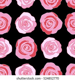 Seamless pattern with vector pink and red rose flowers on a black background.