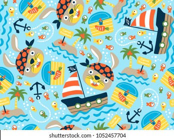 Seamless pattern vector of pirate elements cartoon with funny rabbit wearing bandana. Little island, treasure chest and fish