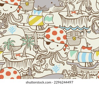 seamless pattern vector of pirate sailing elements cartoon with octopus and whale