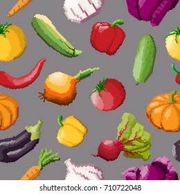 Seamless pattern of vector pixel vegetables on black background
