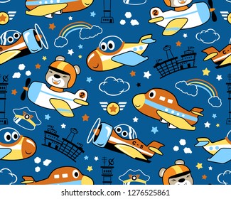 Seamless pattern vector of planes cartoon with funny pilot. Aviation elements cartoon