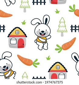 Seamless pattern vector of rabbit cartoon with house, carrot, tree and fence