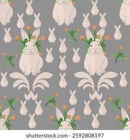 Seamless pattern vector with rabbits on floral background
