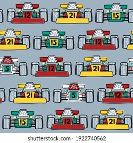 Seamless pattern vector of racing cars cartoon in line art style 