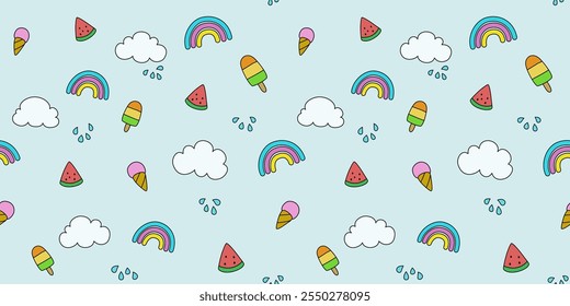 Seamless pattern vector of  rainbow, cloud, ice cream and watermelon in sky pastel tone color. holiday 