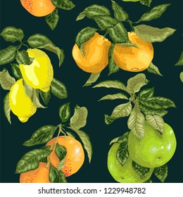 Seamless pattern  in vector realistic illustration with pomelo, orange, grapefruit and lemon in bright colors
