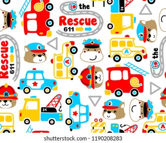 Seamless Pattern Vector With Rescue Theme Set Cartoon. Firefighter, Police Car, Ambulance, Tow Truck And Funny Animals Face.