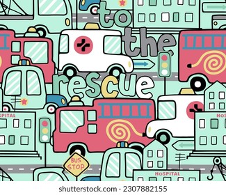 Seamless pattern vector of rescue vehicles cartoon in city road