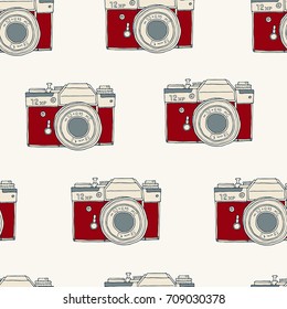 Seamless pattern with vector retro hand drawn sketch hipster photo camera and stars. Vintage kids illustration for design, print for t-shirt, poster, card, wrapping paper. 