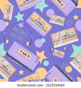 Seamless pattern. Vector, retro technology. Radio, music, cassettes.	
