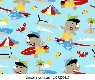 Seamless pattern vector of rhino cartoon surfing in the beach, beach element cartoon