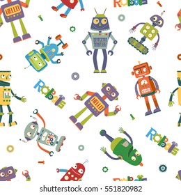 Seamless pattern of vector robots in cartoon style in a white background