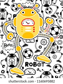 Seamless pattern vector of robots soccer elements illustration with yellow robot cartoon