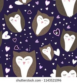Seamless pattern - vector romantic illustration. Owls on a dark blue background. Romantic birds for valentine's day or wedding