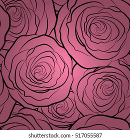 Seamless pattern. Vector roses silhouette background. Pink abstract monochrome flowers.