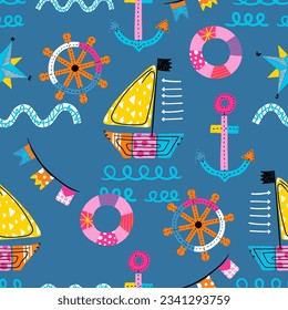 Seamless pattern vector of sailboat cartoon with sailing elements in doodle art style