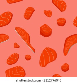 patrón sin fisuras con carne vectorial Salmon, sobre fondo de color Oragne. Diseño de superficie para textiles, tejidos, papel pintado, envoltura, giftwrap, papel