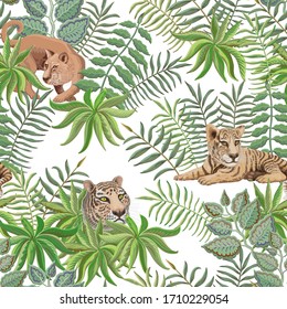 Seamless pattern of vector savannah safari animals. Lioness and tiger cub, branches, grass, herbs, bush and palm tree leaves on a white background