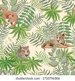 Seamless pattern of vector savannah safari animals. Lioness and tiger cub, branches, grass, herbs, bush and palm tree leaves on a beige background