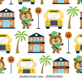 Seamless pattern vector of school elements cartoon with funny bear