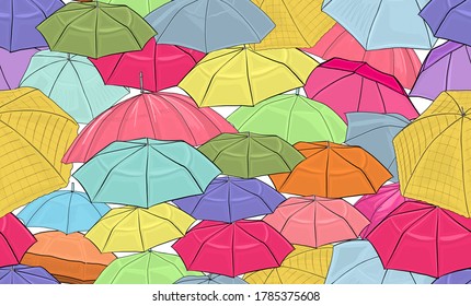 Nahtlose Mustervektor. Ein Meer von bunten Regenschirmen in einer belebten Straße. Wiederholte Textur für Bildschirmhintergründe.