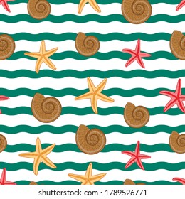 Seamless pattern in vector sea shell and starfish