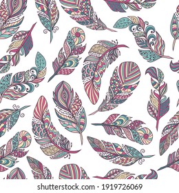 Seamless pattern, vector set of beautiful abstract feathers in ethnic style on a white background, zenart, limited palette, for design and decoration