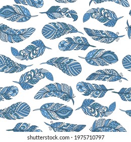 Seamless pattern, vector set of beautiful abstract blue feathers in ethnic style on a white background, zenart, limited palette, for design and decoration