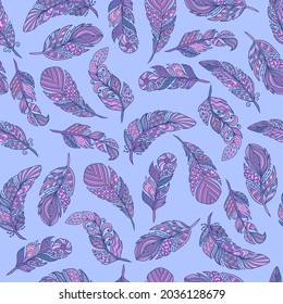 Seamless pattern, vector set of beautiful abstract feathers in ethnic style on a blue background, zenart, limited palette, for design and decoration