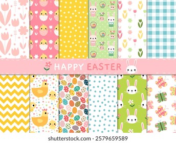 Seamless pattern vector set with cute Easter designs with bunnies, butterflies, hens, chickens and geometric shapes