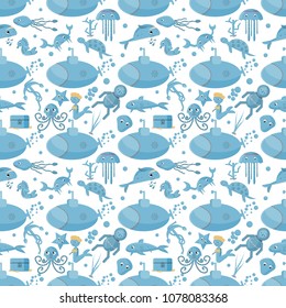 seamless pattern, vector set of flat illustration on marine life, underwater, white background