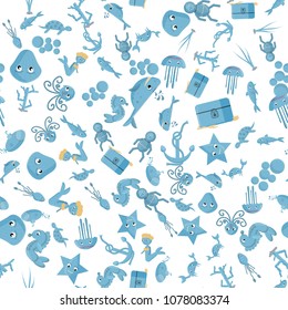 seamless pattern, vector set of flat illustration on marine life, underwater, white background