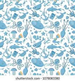 seamless pattern, vector set of flat illustration on marine life, underwater, white background