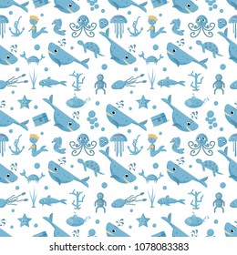 seamless pattern, vector set of flat illustration on marine life, underwater, white background