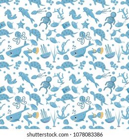 seamless pattern, vector set of flat illustration on marine life, underwater, white background