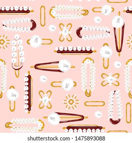 Seamless pattern vector. Set of hair accessory. Beautiful Vintage Hairpins and hair-clip in pearl and gold metal illustration design for fashion,fabric,web,wallpaper and all prints on light pink 