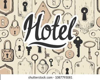 Seamless pattern. Vector set of hand-drawn antique keys, keyholes and locks. Illustration in sketch style on white background. Old design.