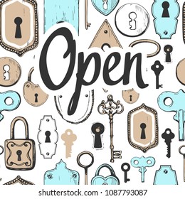 Seamless pattern. Vector set of hand-drawn antique keys, keyholes and locks. Illustration in sketch style on white background. Old design.